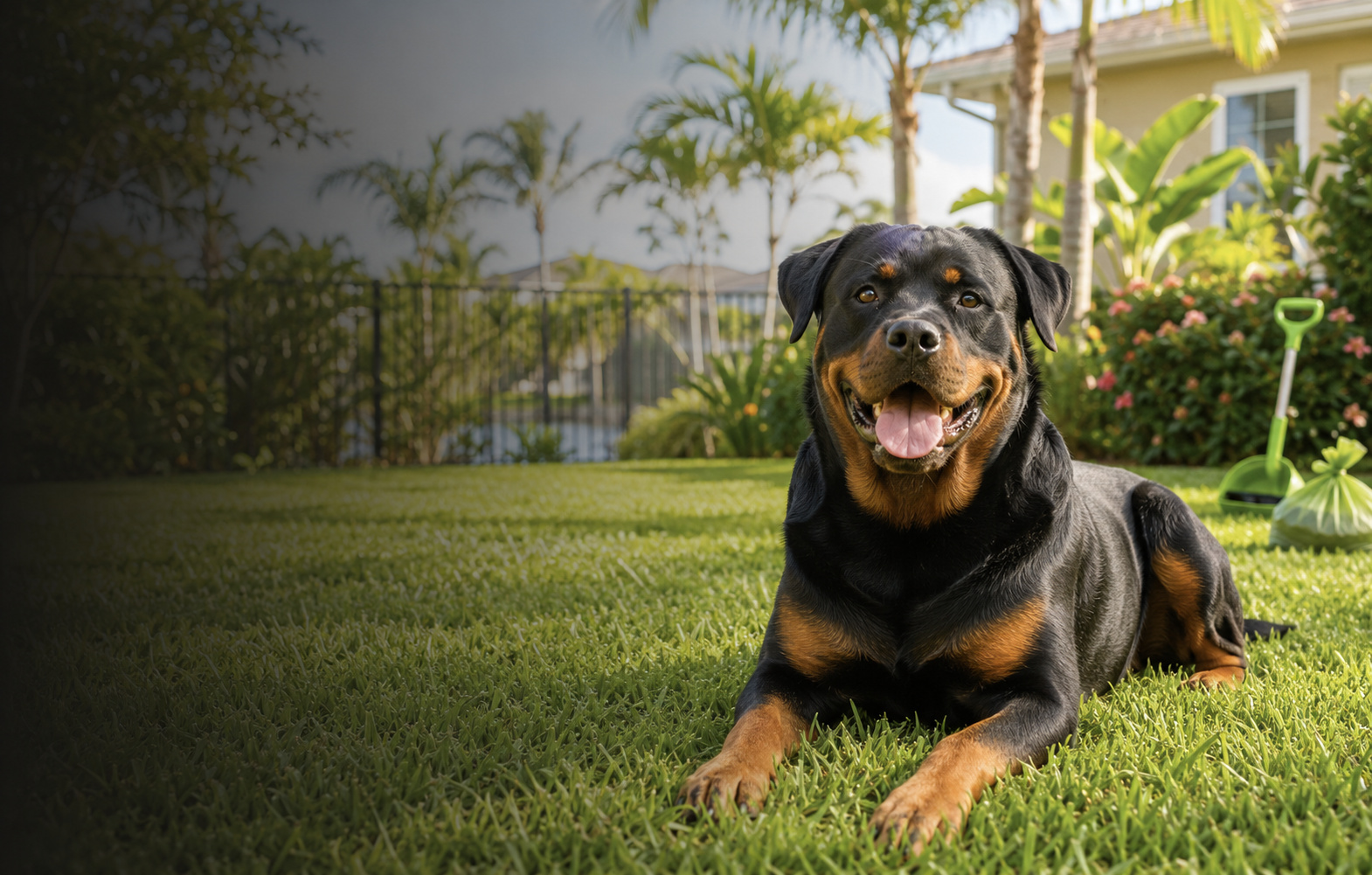 Happy Rottweiler enjoying a clean Central Florida backyard